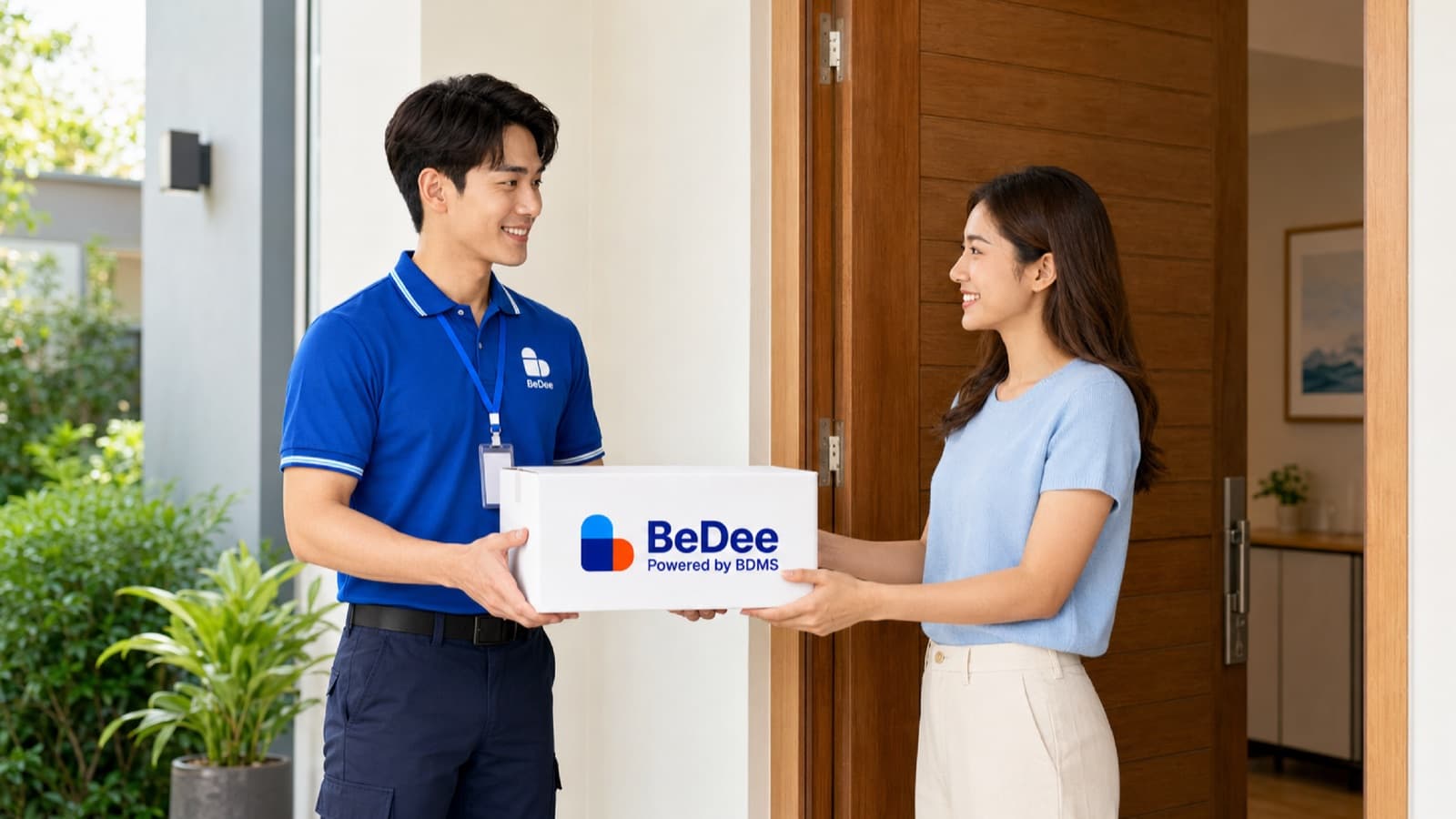พนักงานส่งยา BeDee ส่งกล่องยาให้ลูกค้าถึงหน้าบ้าน